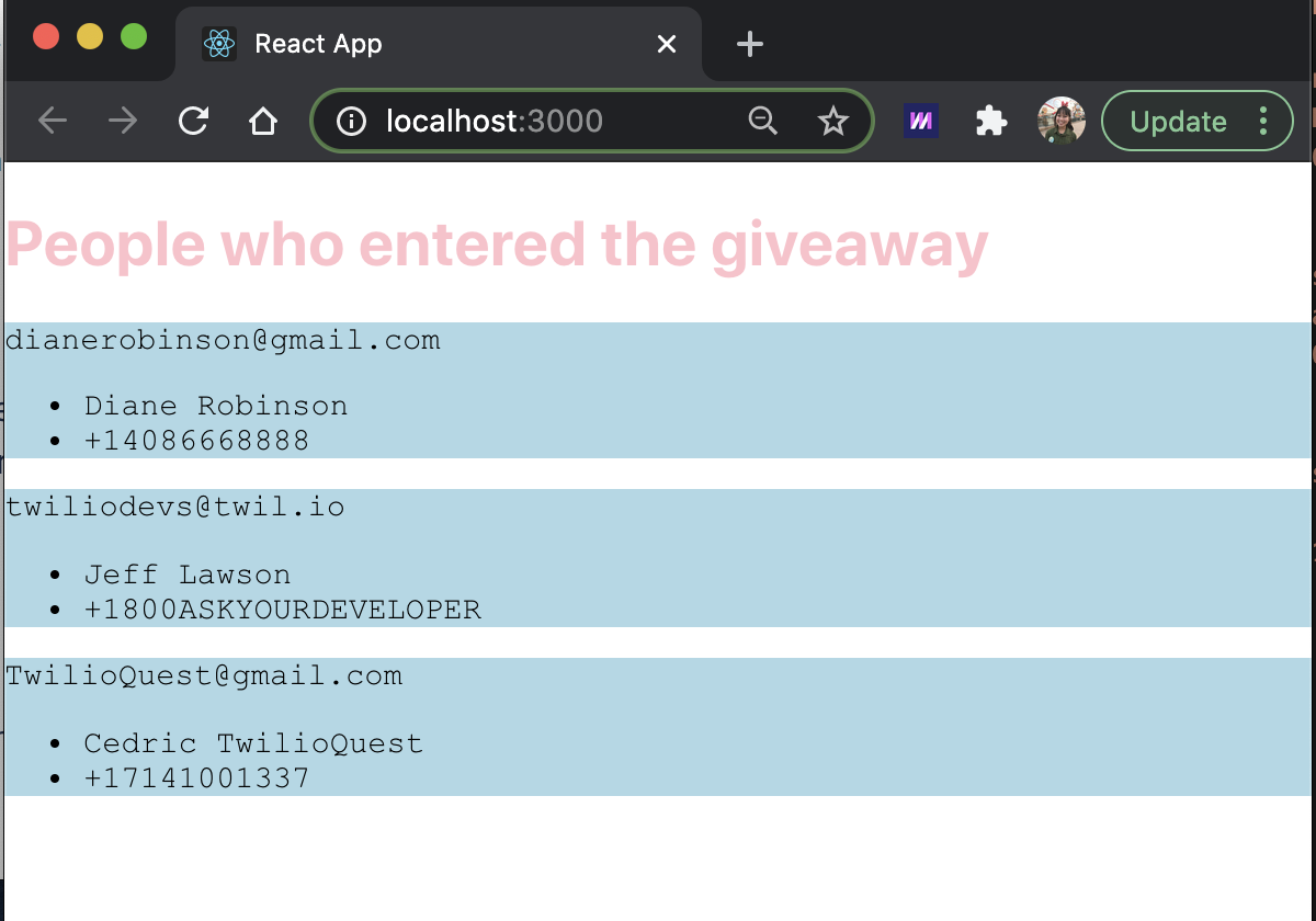 example of React output on localhost:3000 with list of emails, names, and phone numbers, with a blue highlight on each section and pink font
