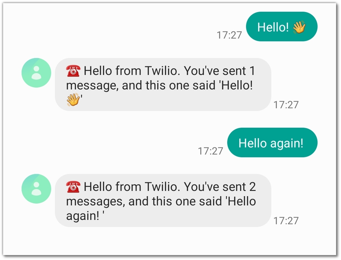 Screenshot of the SMS app on my phone. I&#x27;ve sent 2 messages and had 2 replies which are echo what I sent in and are numbered.