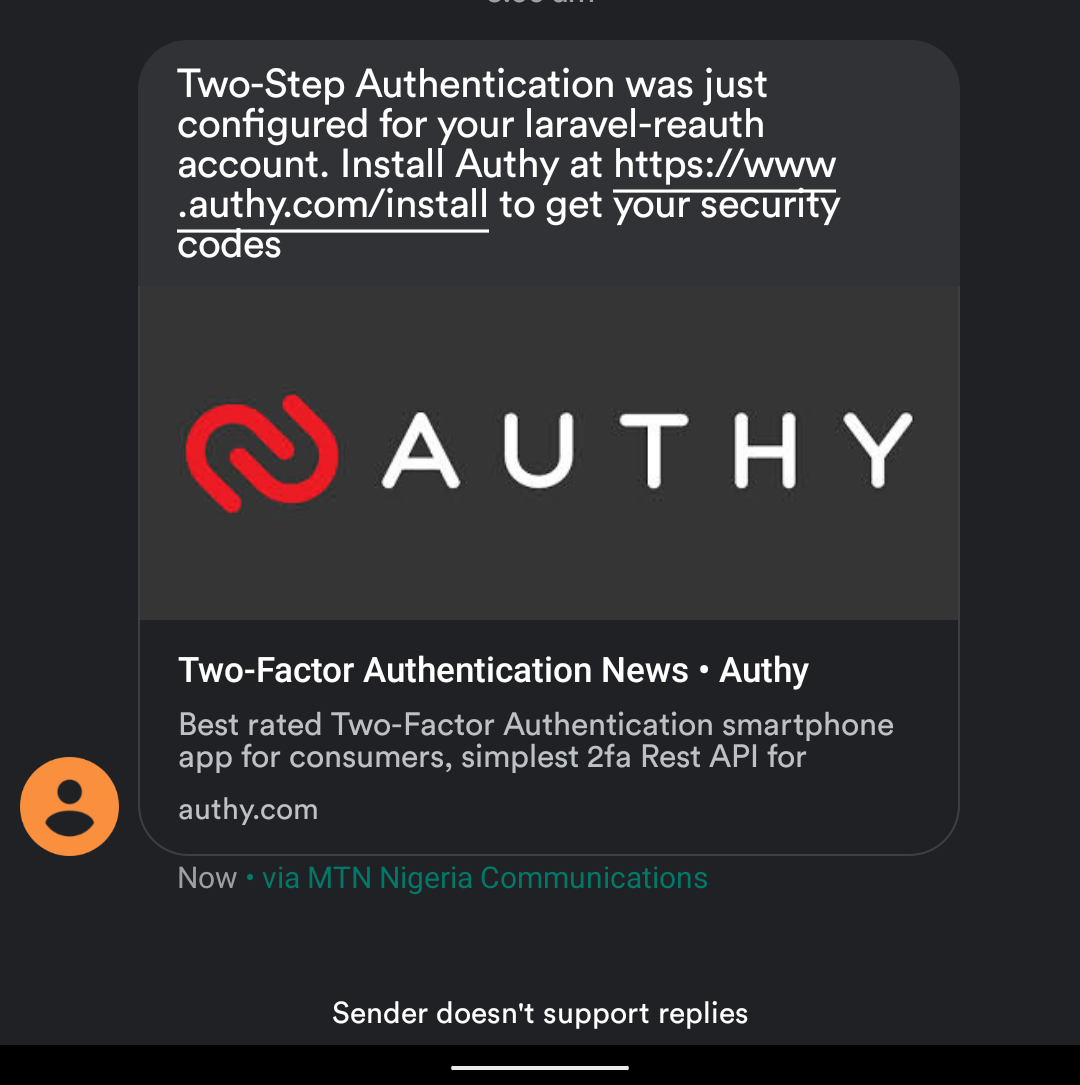 Screenshot of Authy SMS notification