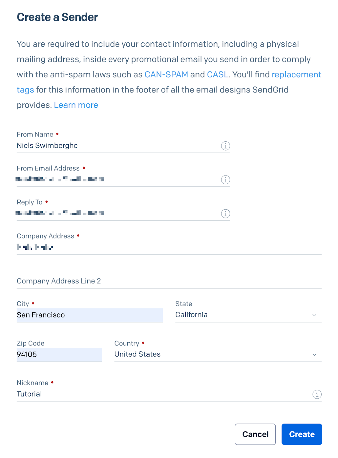 A form to create a sender. The form asks for contact information including the email address that will be used to send emails from.