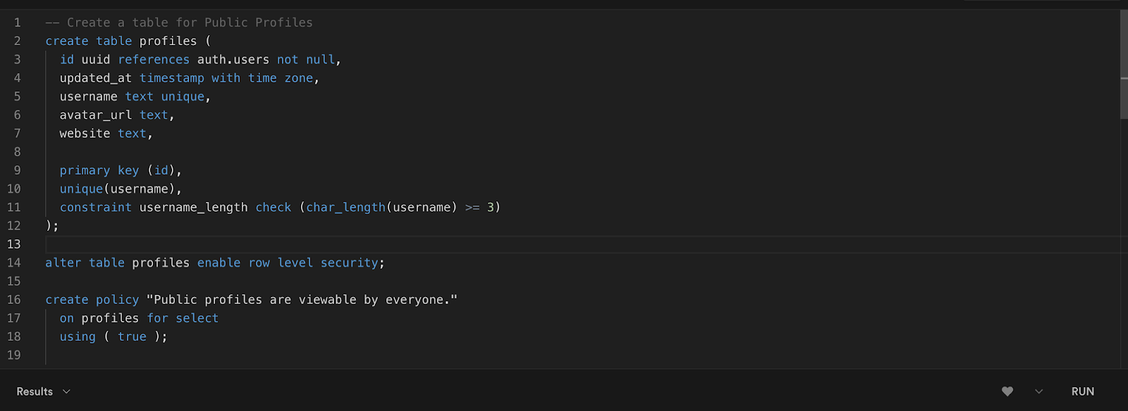 SQL query to create profiles table in Supabase