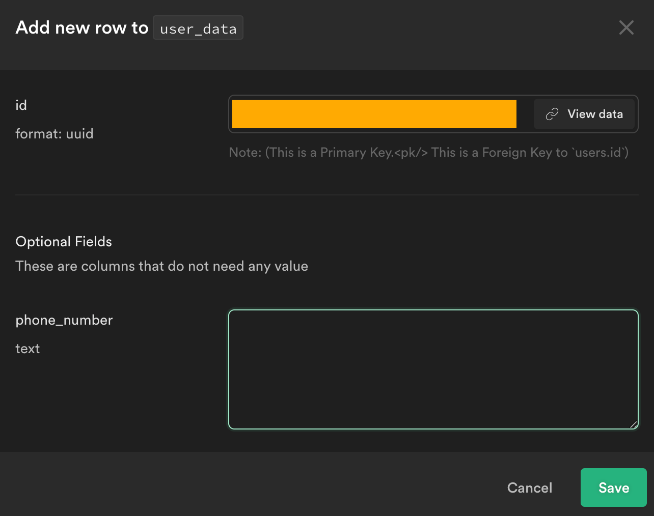 Add new row to user_data in Supabase