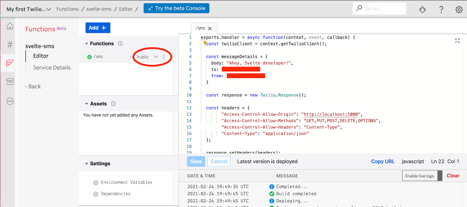 Screenshot showing function service dashboard with vertical dots and drop down menu circled