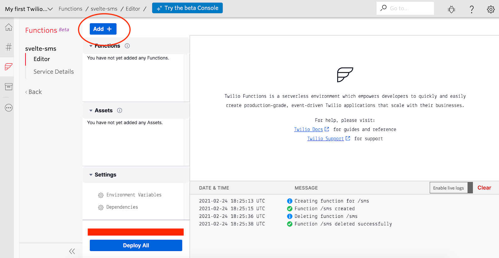 Screenshot of Twilio Functions Service Dashboard with Add button circled in red