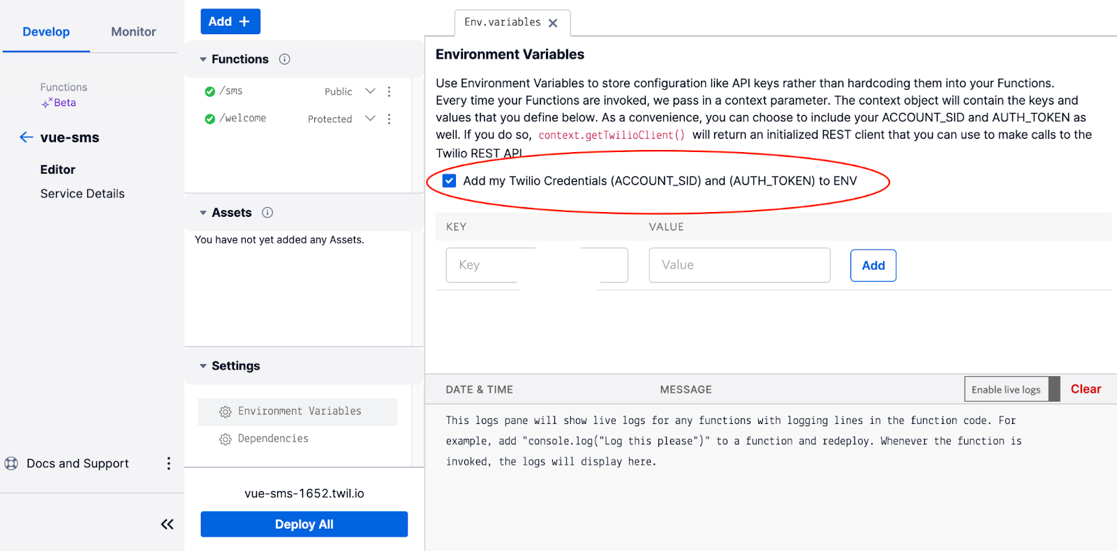 Screenshot of twilio functions console environment variables tab