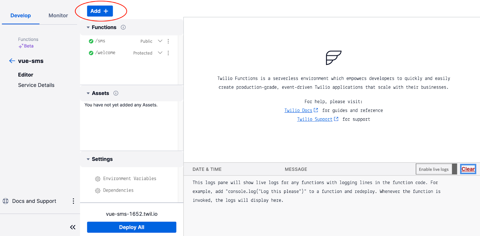 screenshot of twilio functions console