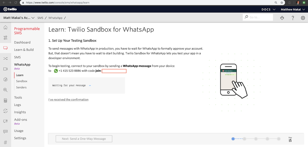 screen shot of the Twilio WhatsApp sandbox