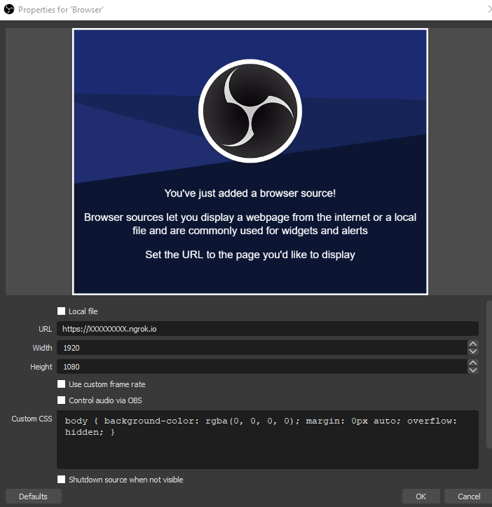 Adding Browser source with ngrok url to OBS