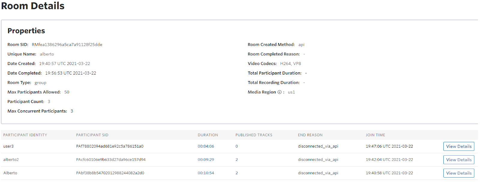 Details of a specific video room in the Video Log Analyzer