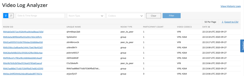 Video Log Analyzer in the Twilio Console, showing a list of recently created rooms