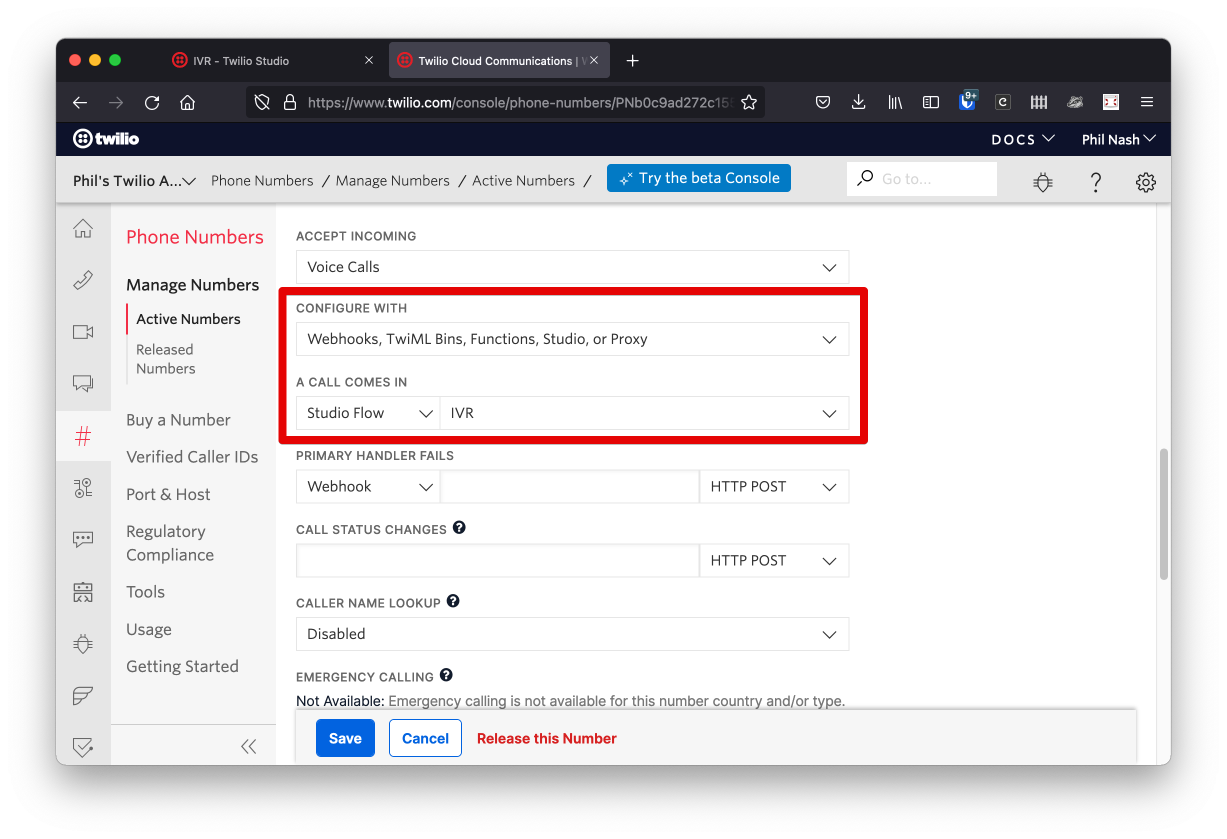 On the phone number config page, choose to configure voice for your phone number with "Webhooks, TwiML Bins, Functions, Studio, or Proxy" then for when a call comes in choose "Studio Flow" and the Flow we named "IVR".