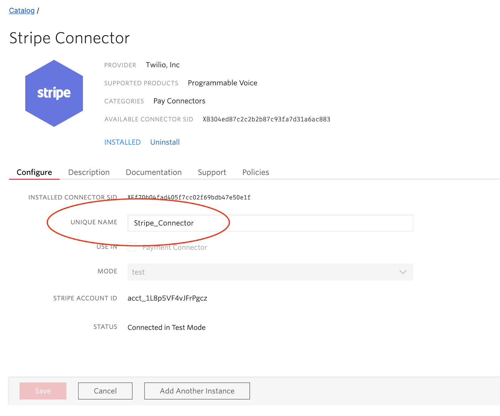 Screenshot of twilio console showing pay connector details for Stripe with unique name field circled in red