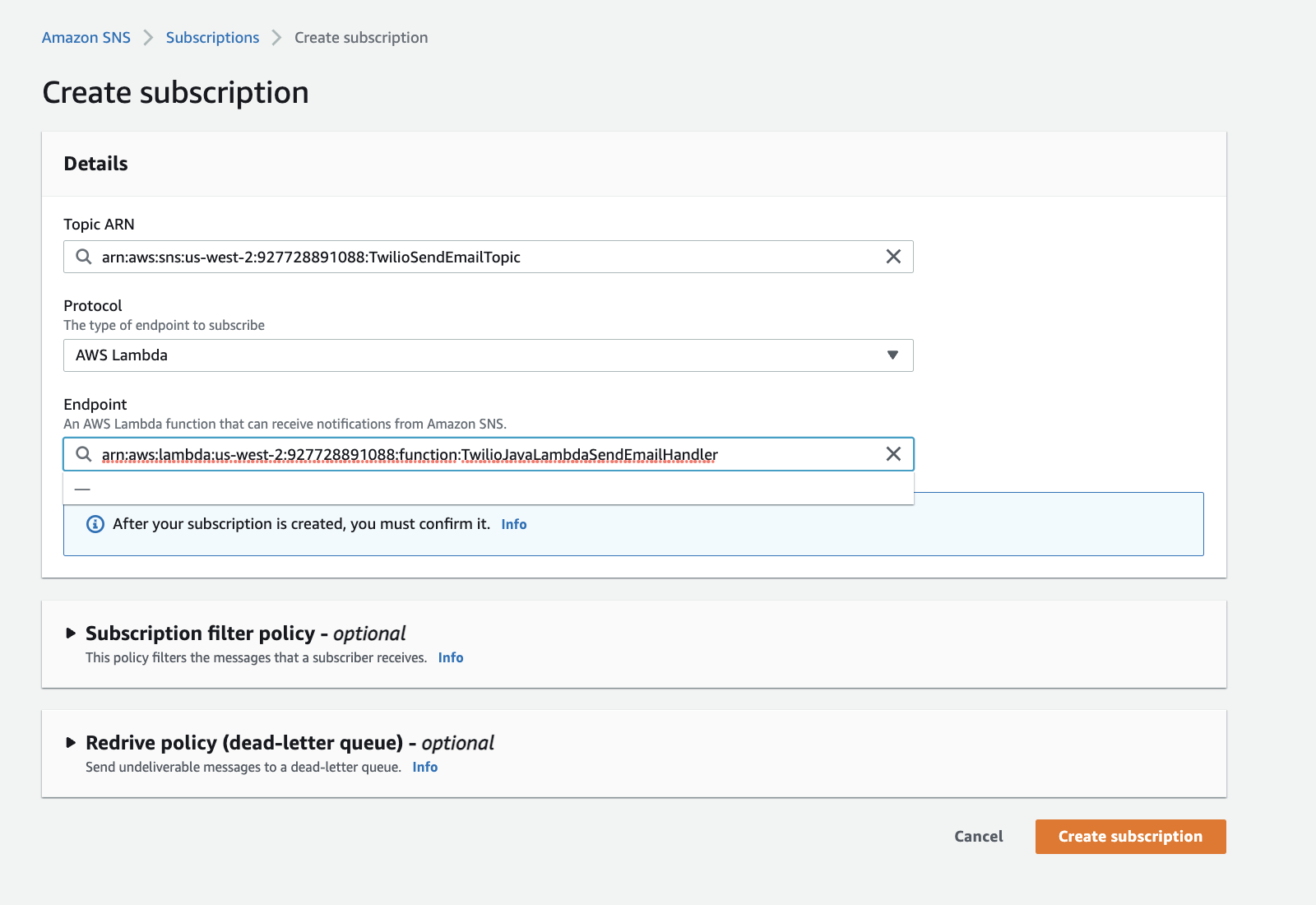 Create AWS SNS topic subscription