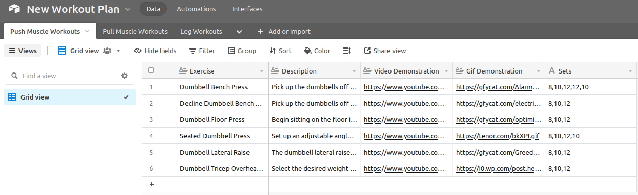 Airtable - "Push Muscle Workouts" table populated with data, located in the "New Workout Plan" base