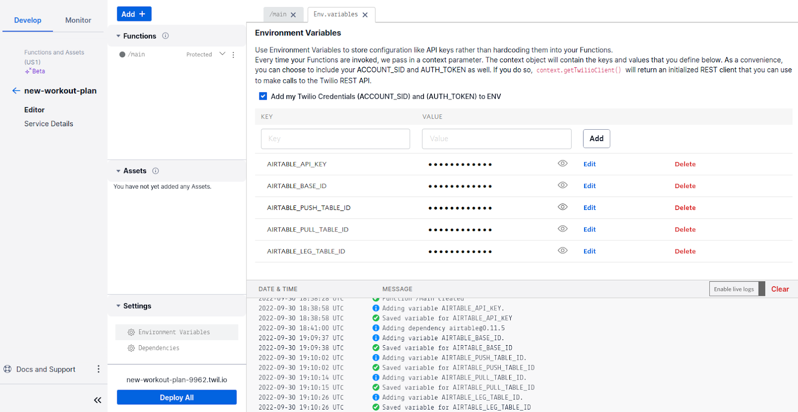 Twilio Function - Environment Variables tab open with multiple Airtable environment variable set to a hidden Value