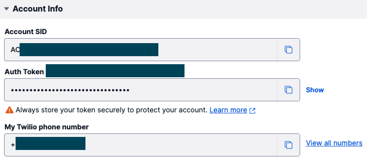 Account Info section in Twilio Console