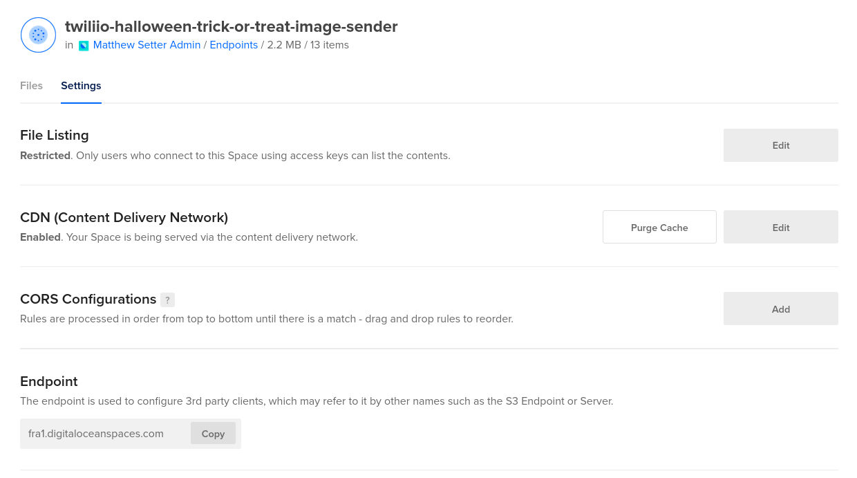 The settings panel for a DigitalOcean Space