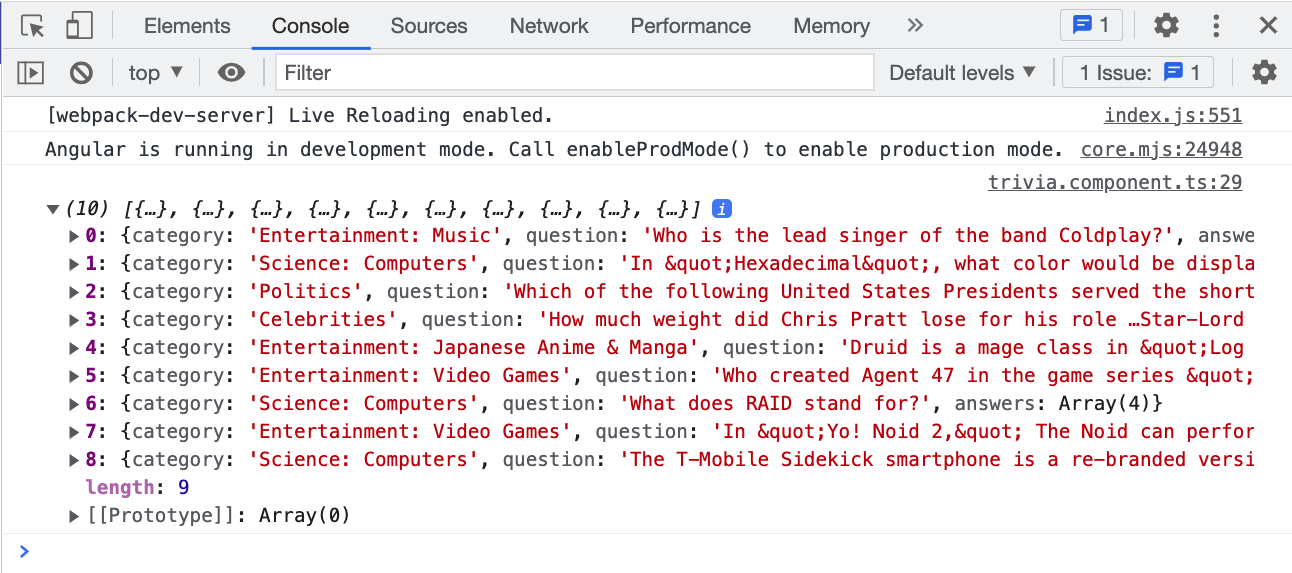 Chrome dev tools Console tab, displaying data