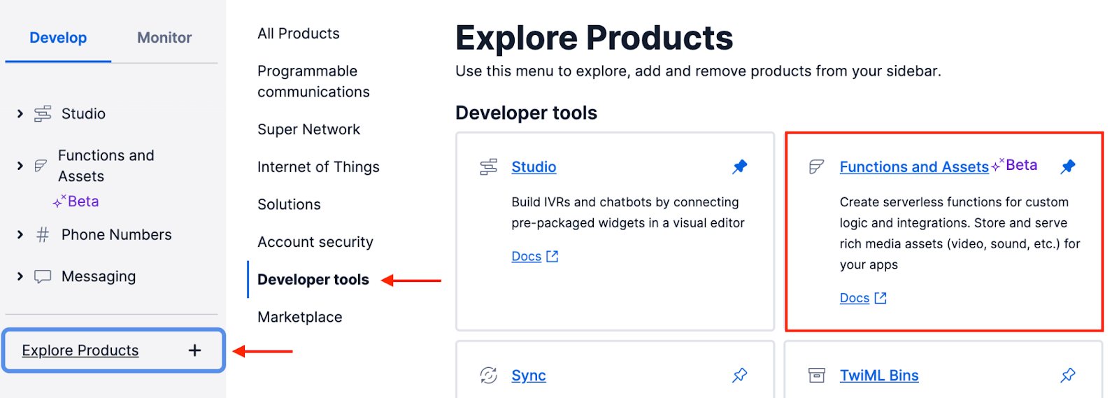 Finding the Functions and Assets product in Explore Products in the Twilio console