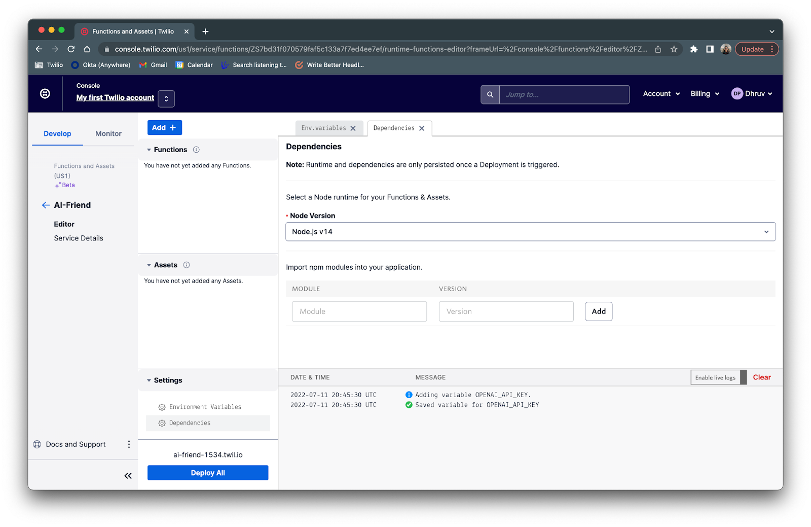 Dependencies section of Twilio functions service