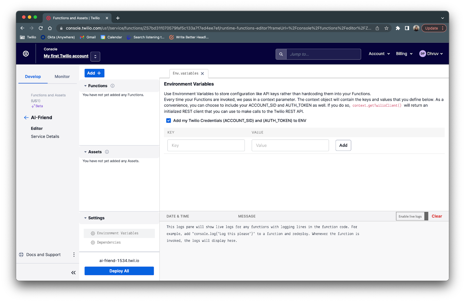 Environment variables section of functions service