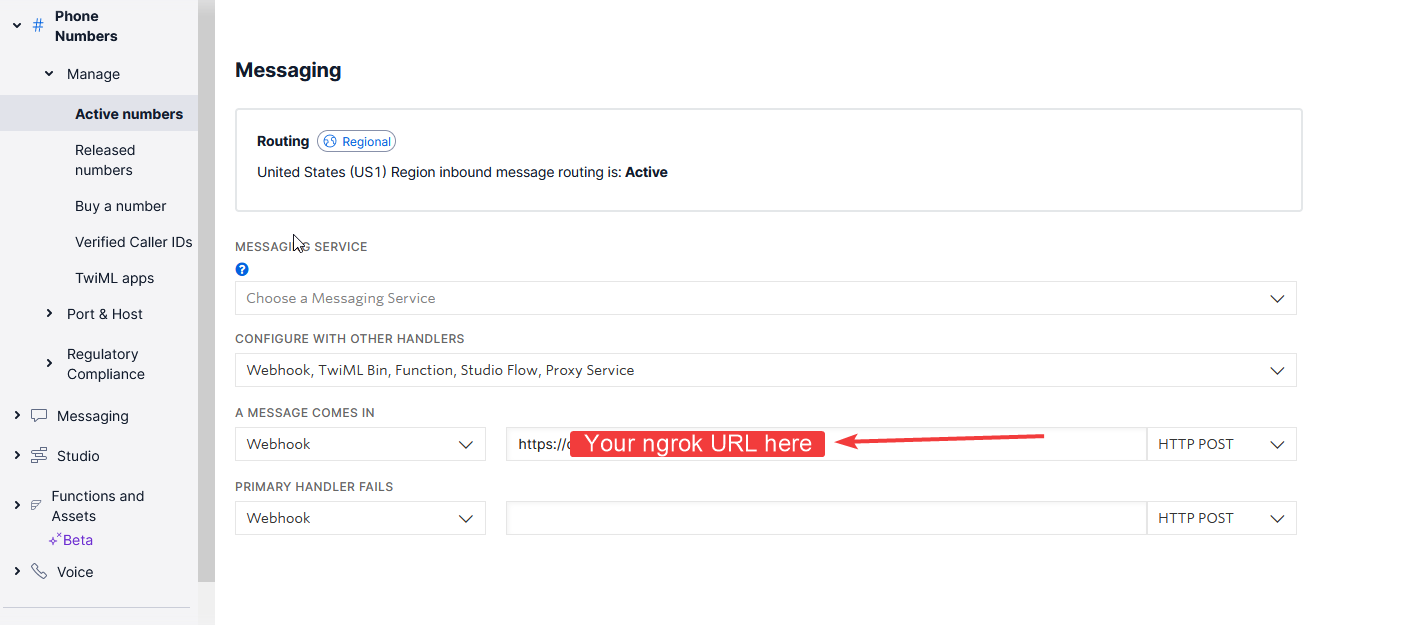 Setting SMS webhook with ngrok URL