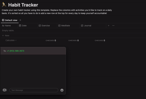 Demonstrating texting commands, such as "log exercise" and "summary", and seeing the Notion database updated.