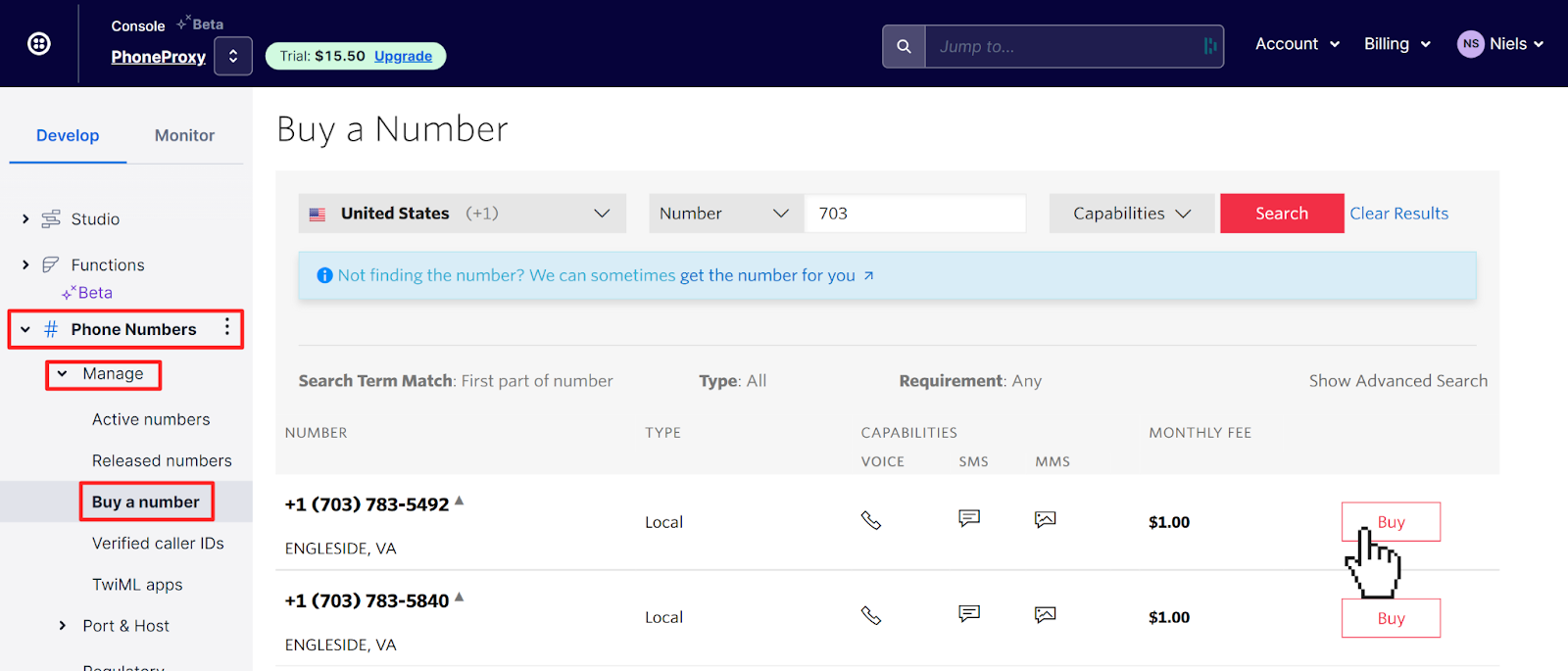 Sidebar navigation with "Buy a number" selected. On the Twilio Console, a list of available phone numbers to buy is shown. Pointer is clicking the "Buy" button next to a phone number.