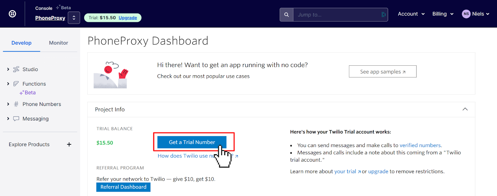 Twilio Console interface with the mouse hovering over a button with text "Get a Trial Number"