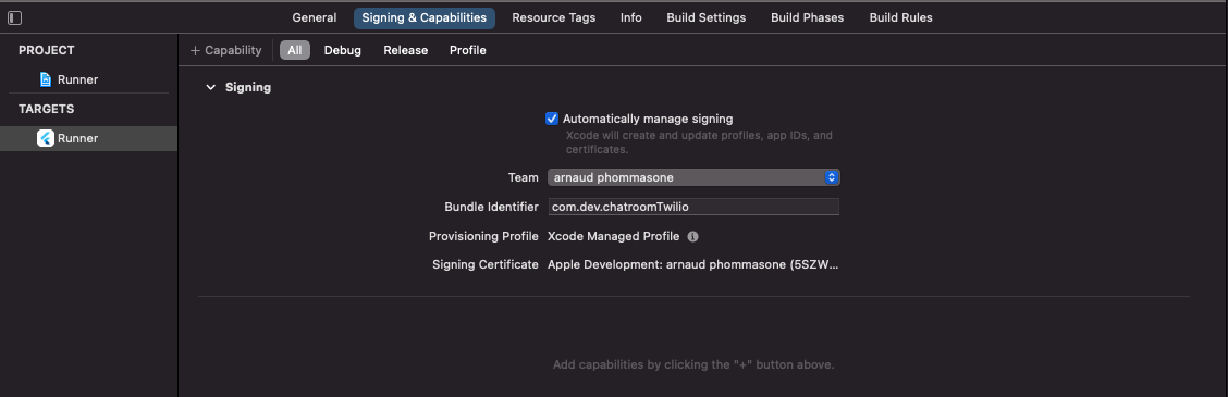 Signing menu in Xcode