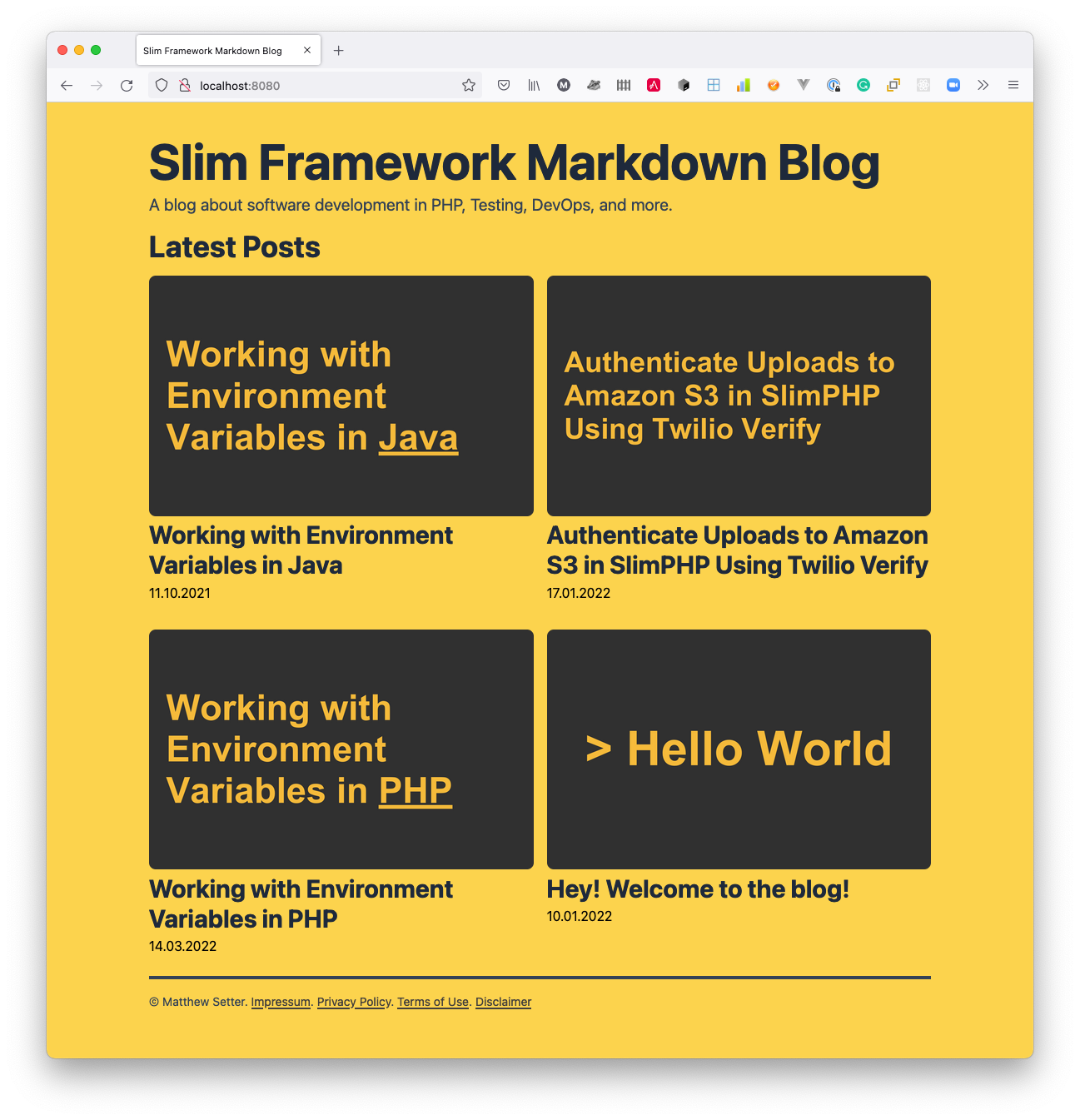 A web browser displaying a yellow page with multiple blog posts formatted into a grid.