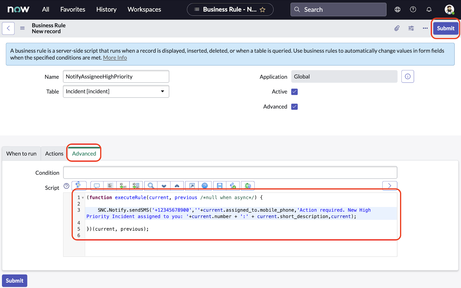 Editing the ServiceNow Business Rules advanced section