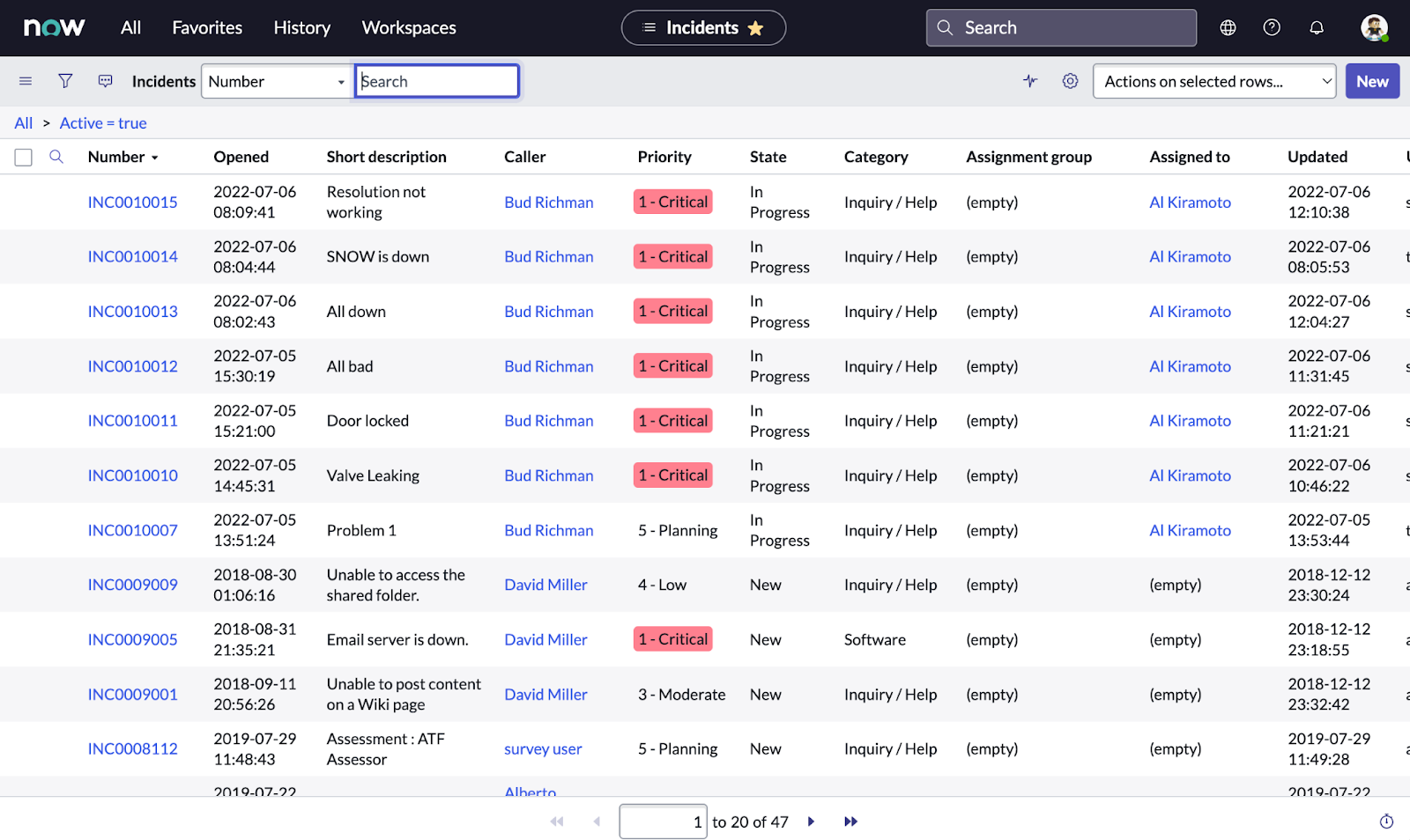 Viewing incidents in ServiceNow