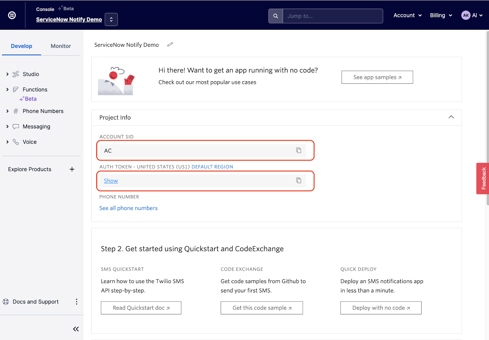 Auth Token and Account SID in the Twilio Console