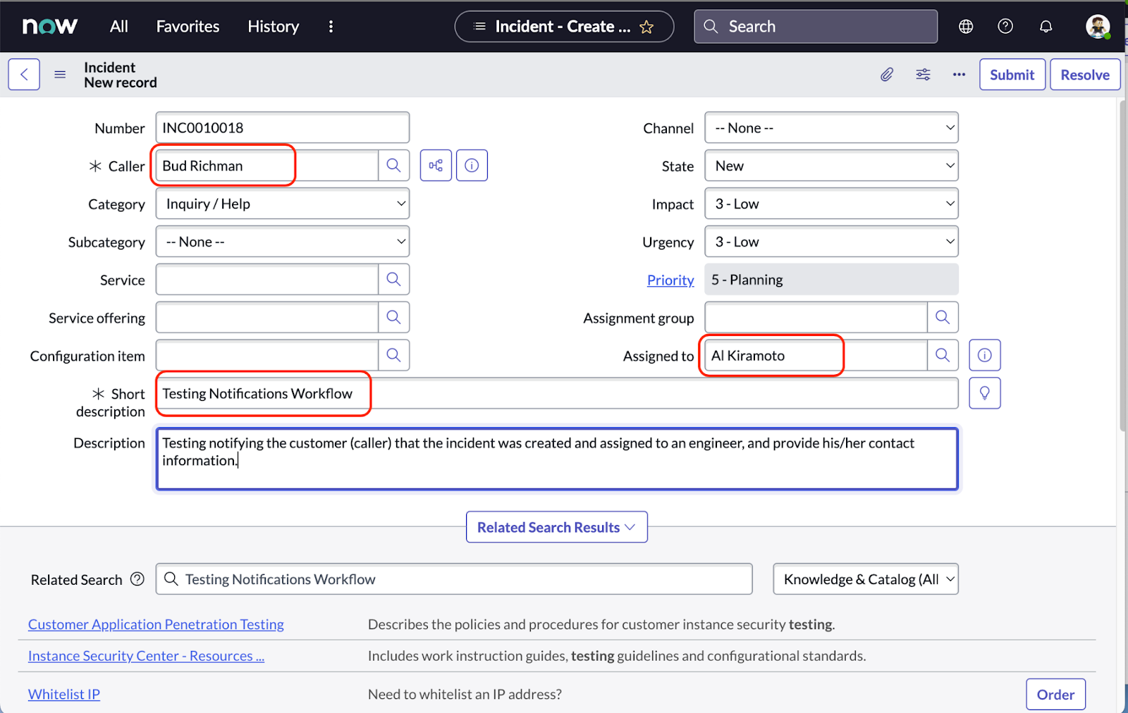 Adding caller, description, and assigned fields to an incident in ServiceNow to notify with Twilio