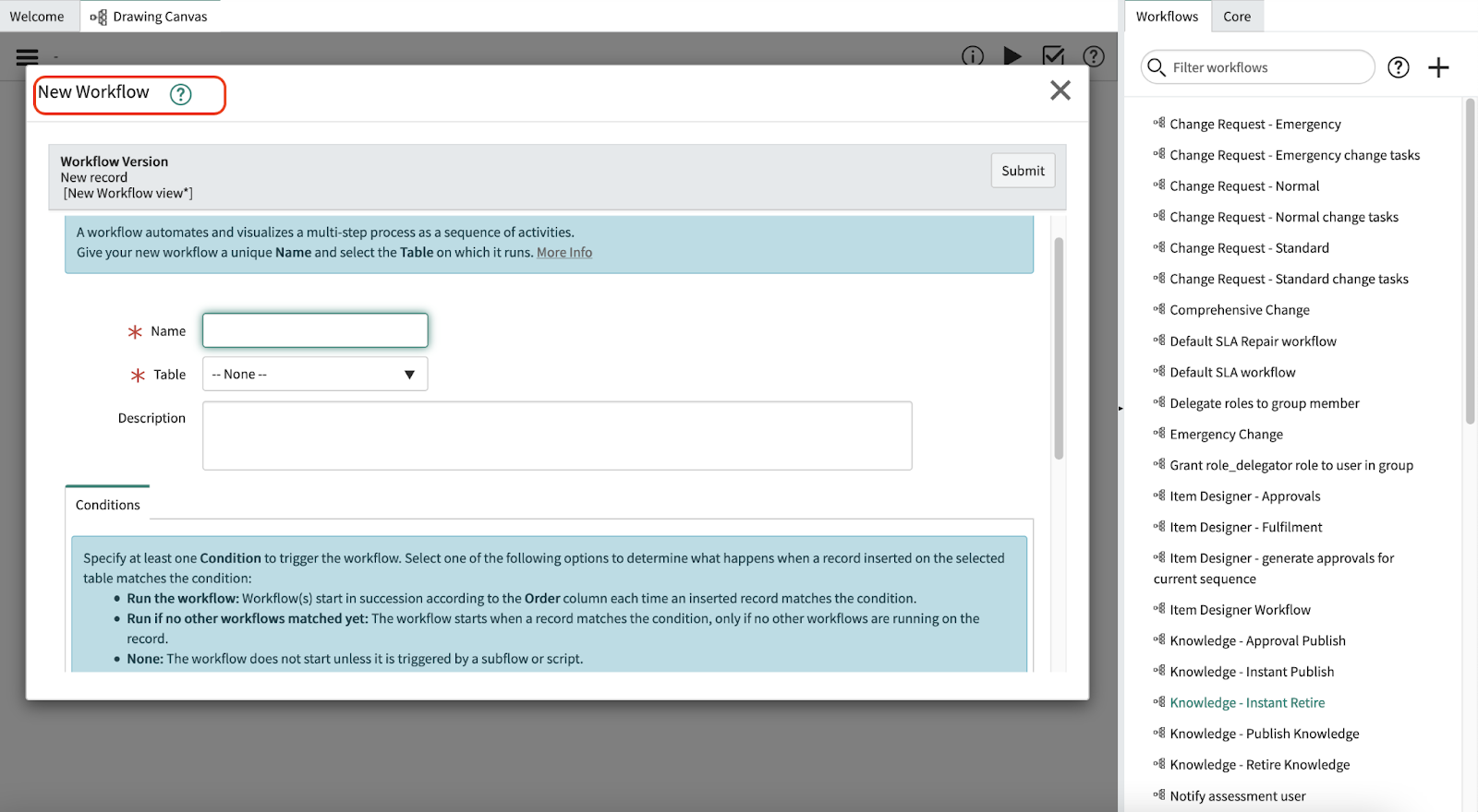 New Workflow in the ServiceNow Workflow Editor