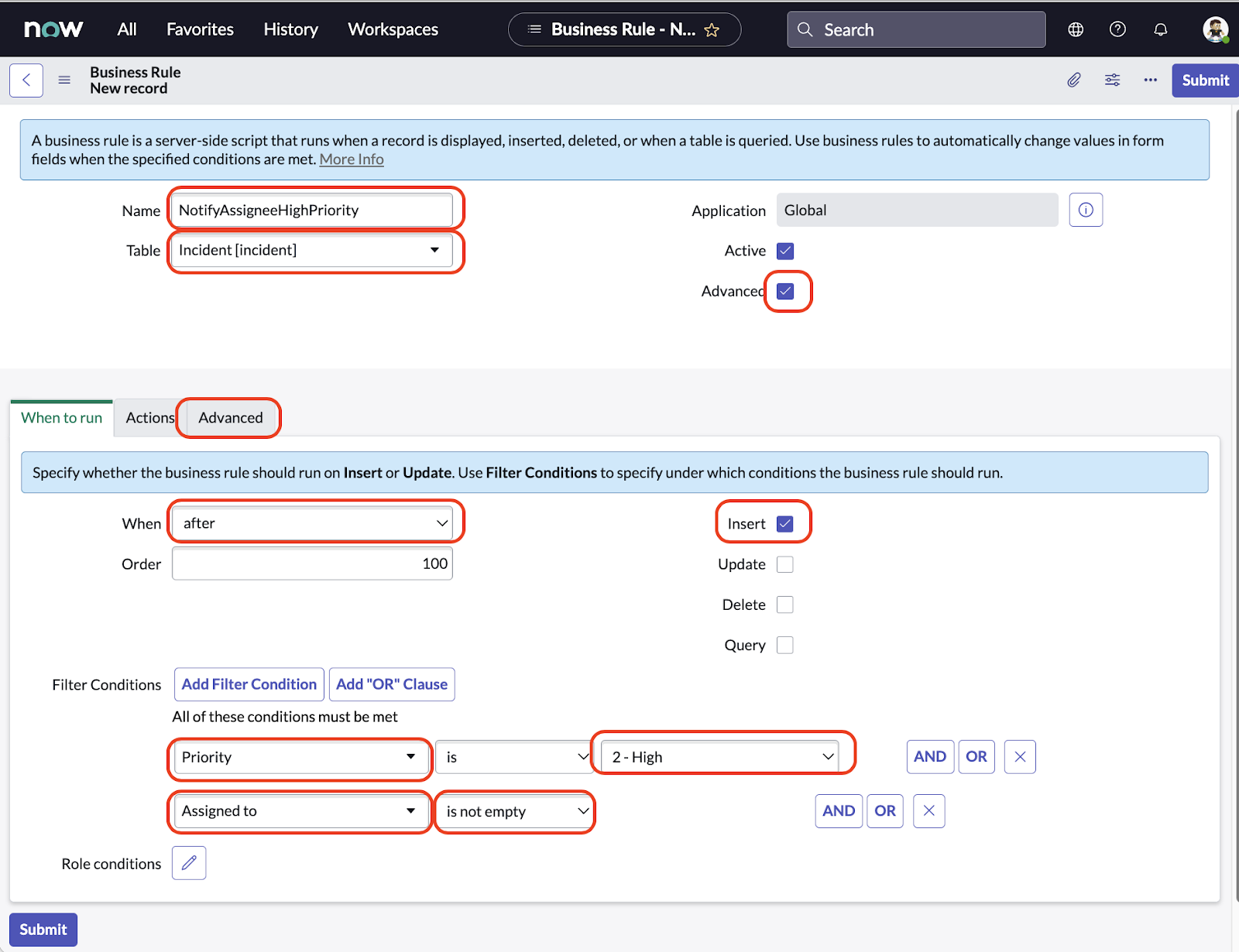 Configuring a new business rule in ServiceNow