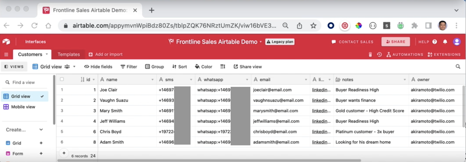 Configure customer data in Airtable as a fake CRM