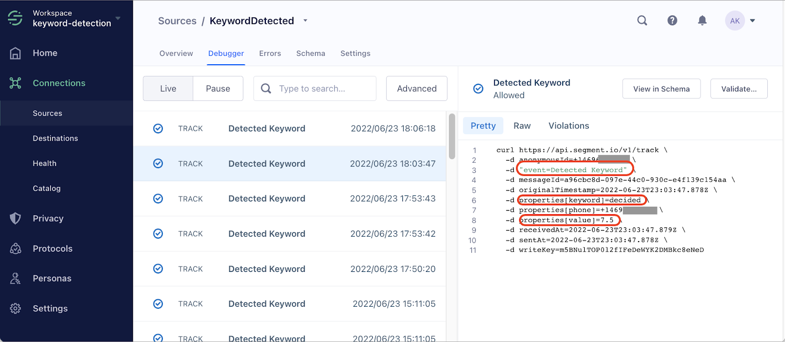 Spotting sales keywords with the Segment Debugger