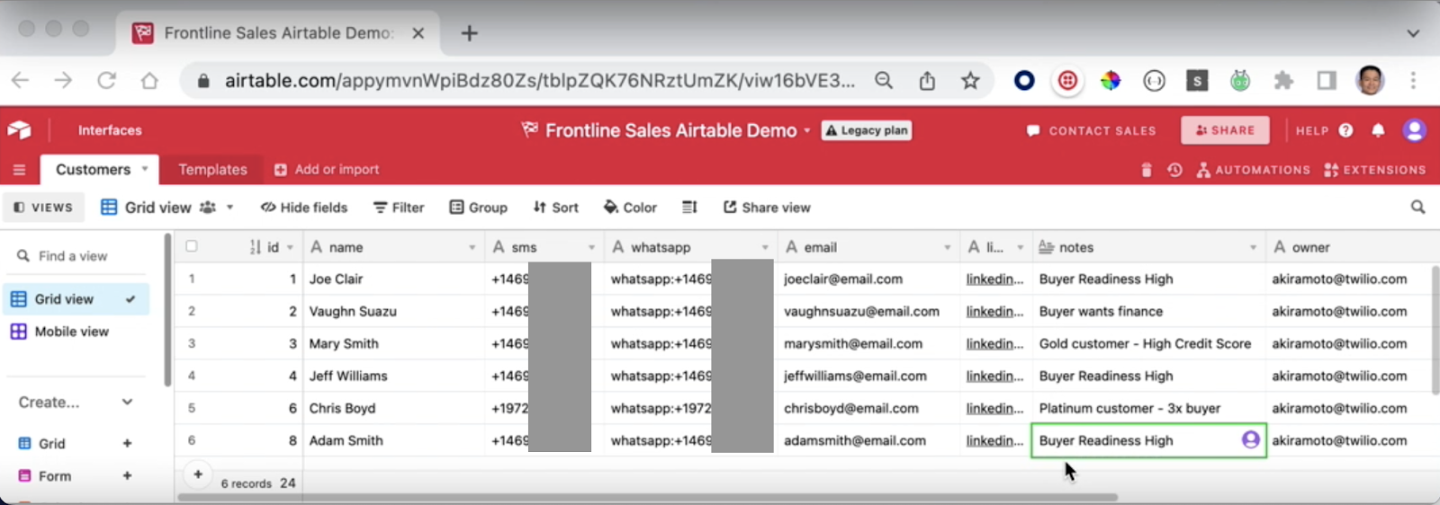 Viewing customer readiness in a fake CRM in Airtable