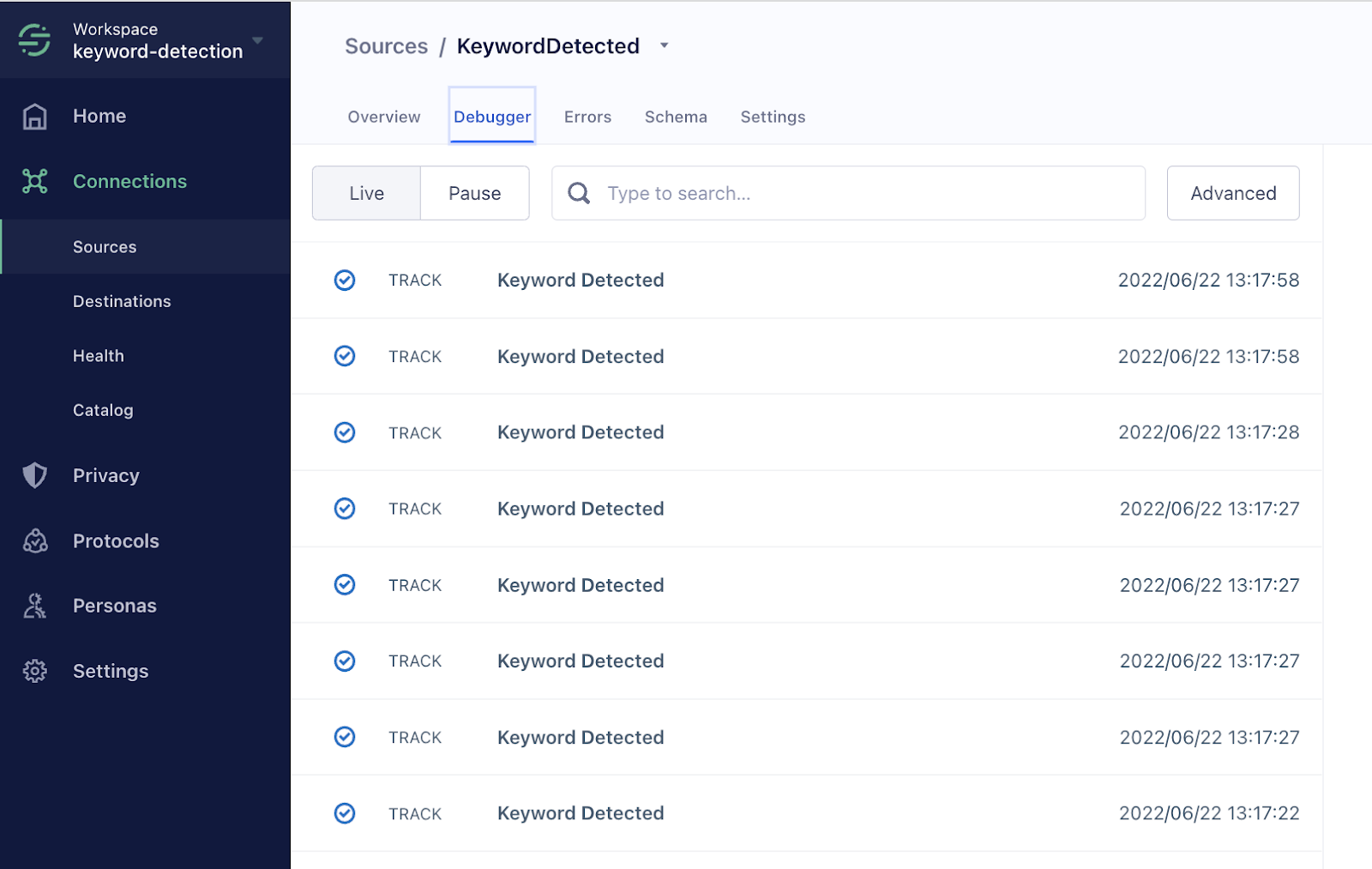 Viewing keyword detected events in the Twilio Segment debugger