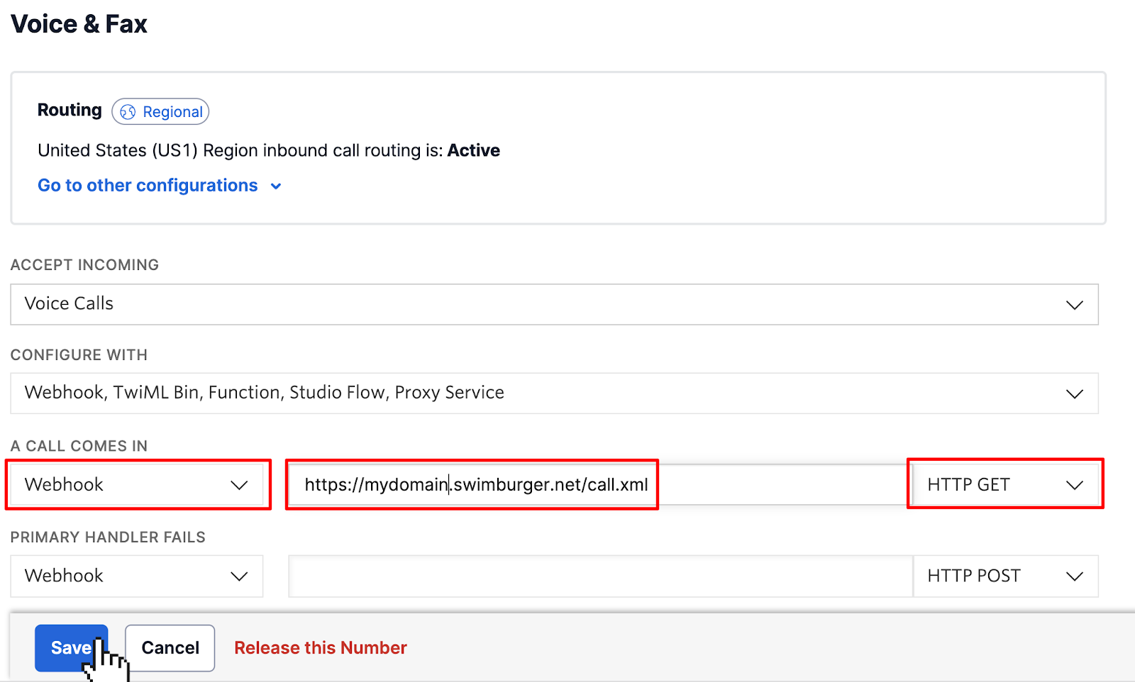 Twilio phone number settings screen. The fields on the form configure the phone number webhook to send HTTP GET requests to https://mydomain.swimburger.net/call.xml