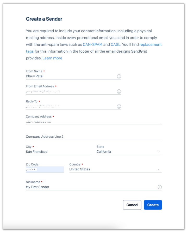 Single Sender Authentication Form