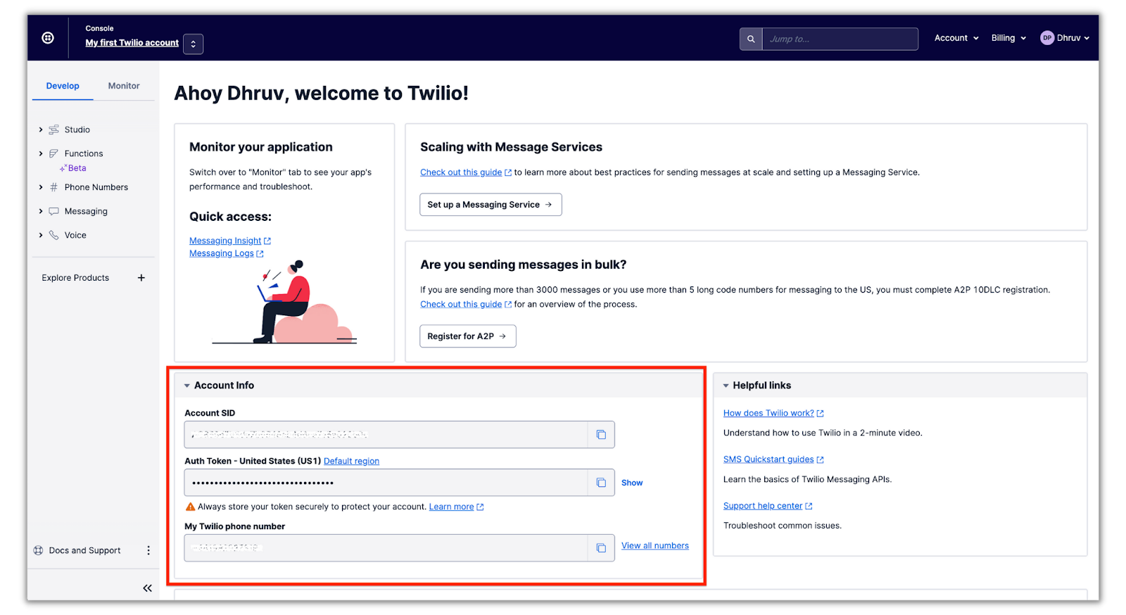 Twilio Console with account info box highlighted