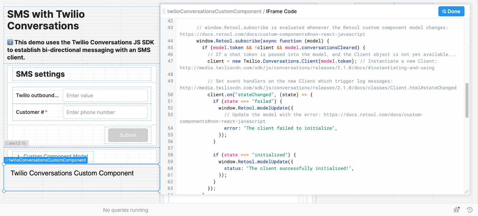 The Retool builder displaying the JavaScript contents of the Twilio Conversations custom component.  The JavaScript excerpt shows the window.Retool.subscribe function being used to initialize a new Twilio Conversations client.