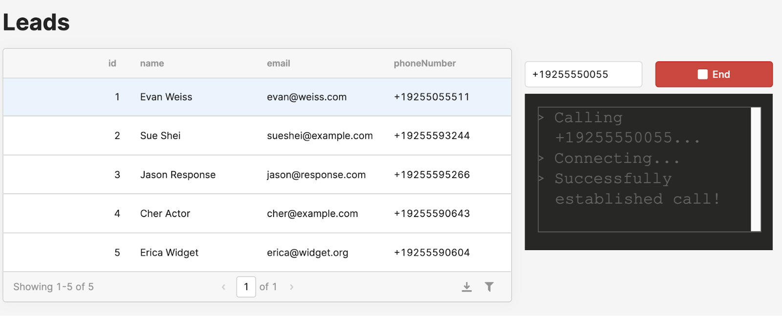 Retool application for managing leads. The application lists leads in a table on the left. On the right, there"s an input with a phone number entered with a red button saying "End" next to it. Underneath the phone number is a log of the call statuses.