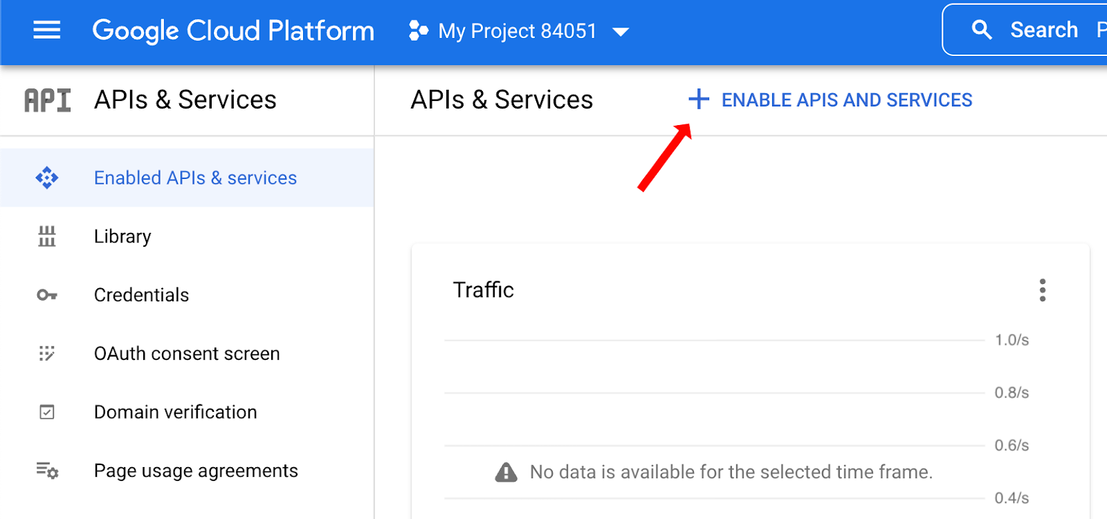 The "Enabled APIs & services" page in Google Cloud Platform. The page has a button to "ENABLE APIS AND SERVICES".