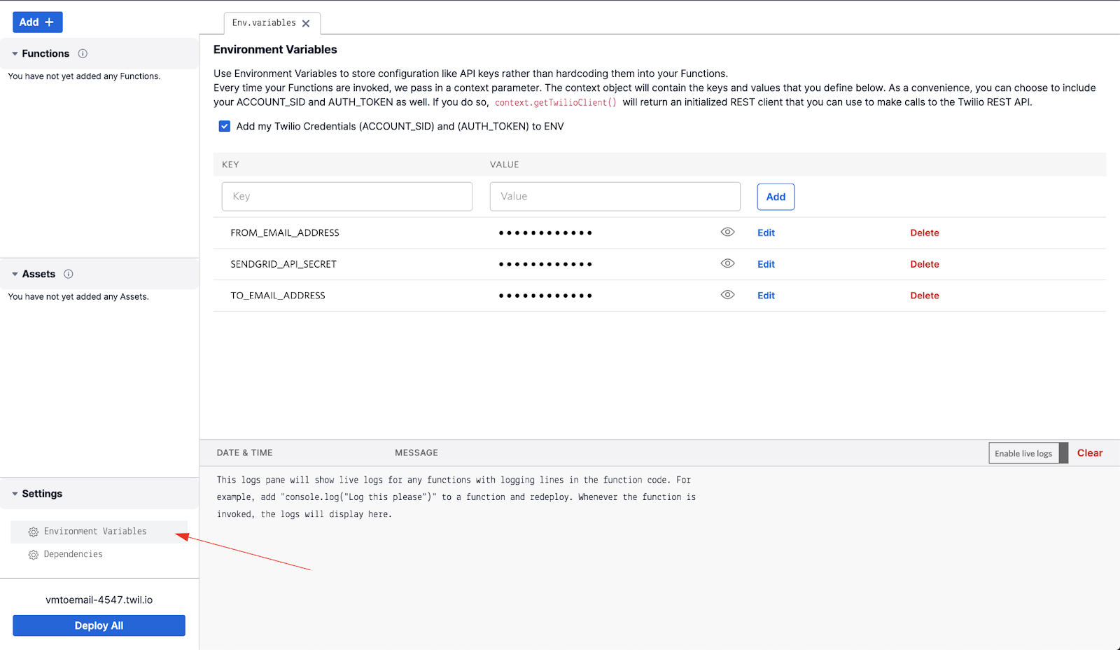 Set environment variables in Twilio Studio