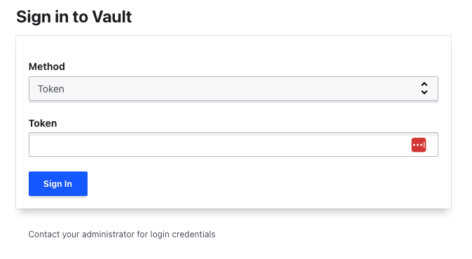 Vault sign in page showing the authentication method (Token selected) and a input with Token label