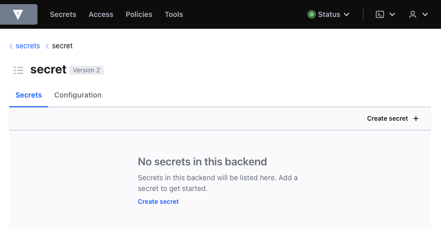 Secret engine showing no secrets and a Create secret button